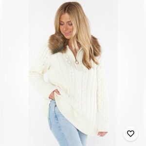 Show Me Your Mumu Sun Valley Pullover Cream Cable Knit Sweater with fur collar